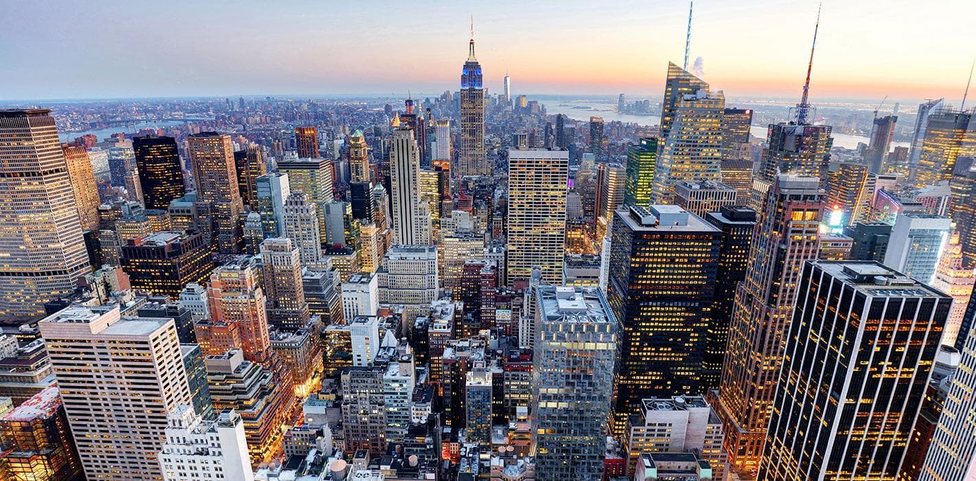 The Manhattan skyline at dusk, seen from above Union Square
